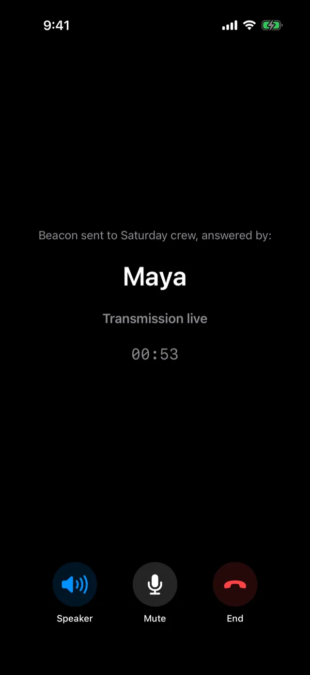 Connected call screen: beacon sent to Saturday crew, answered by Maya — transmission live with an elapsed timer.