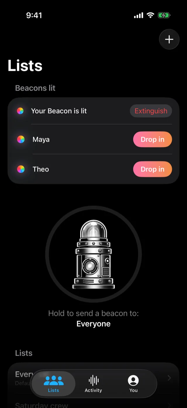 Beacon home screen showing lit beacons from Maya and Theo, and a hold-to-send beacon button for the Everyone list.