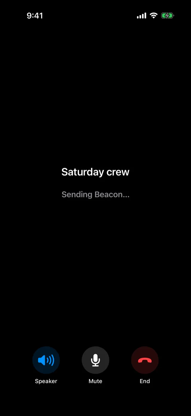 Outgoing beacon screen: sending a beacon to Saturday crew, with speaker, mute, and end controls.