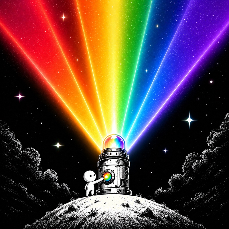 A small figure standing beside a mechanical beacon emitting a rainbow signal beam into a starry night sky.